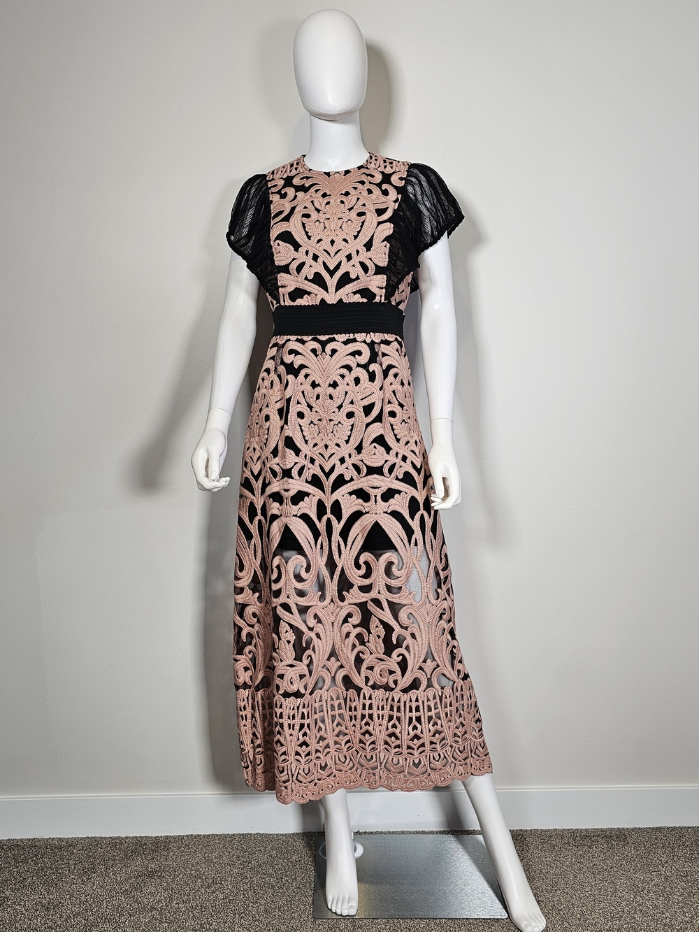 Foxiedox Black & Blush Pink Lace-Panel Midi Dress Sz L